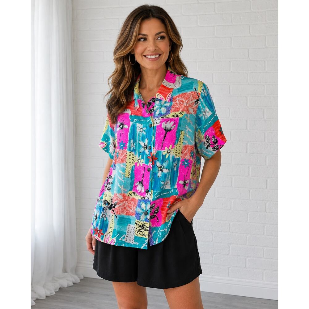 VTG Diane Gilman 100% Silk Button Blouse Women’s L Colorful Floral Art Shirt